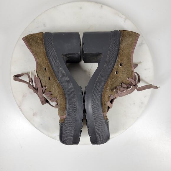 No Parking Oxford Heels Womens 8.5 Green Suede Lace up Utility Chunky Platform - Picture 3 of 14